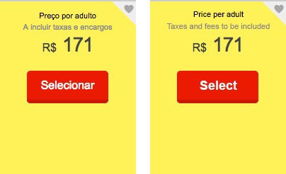 Screenshot from decolar.com with small grey warning about taxes and fees