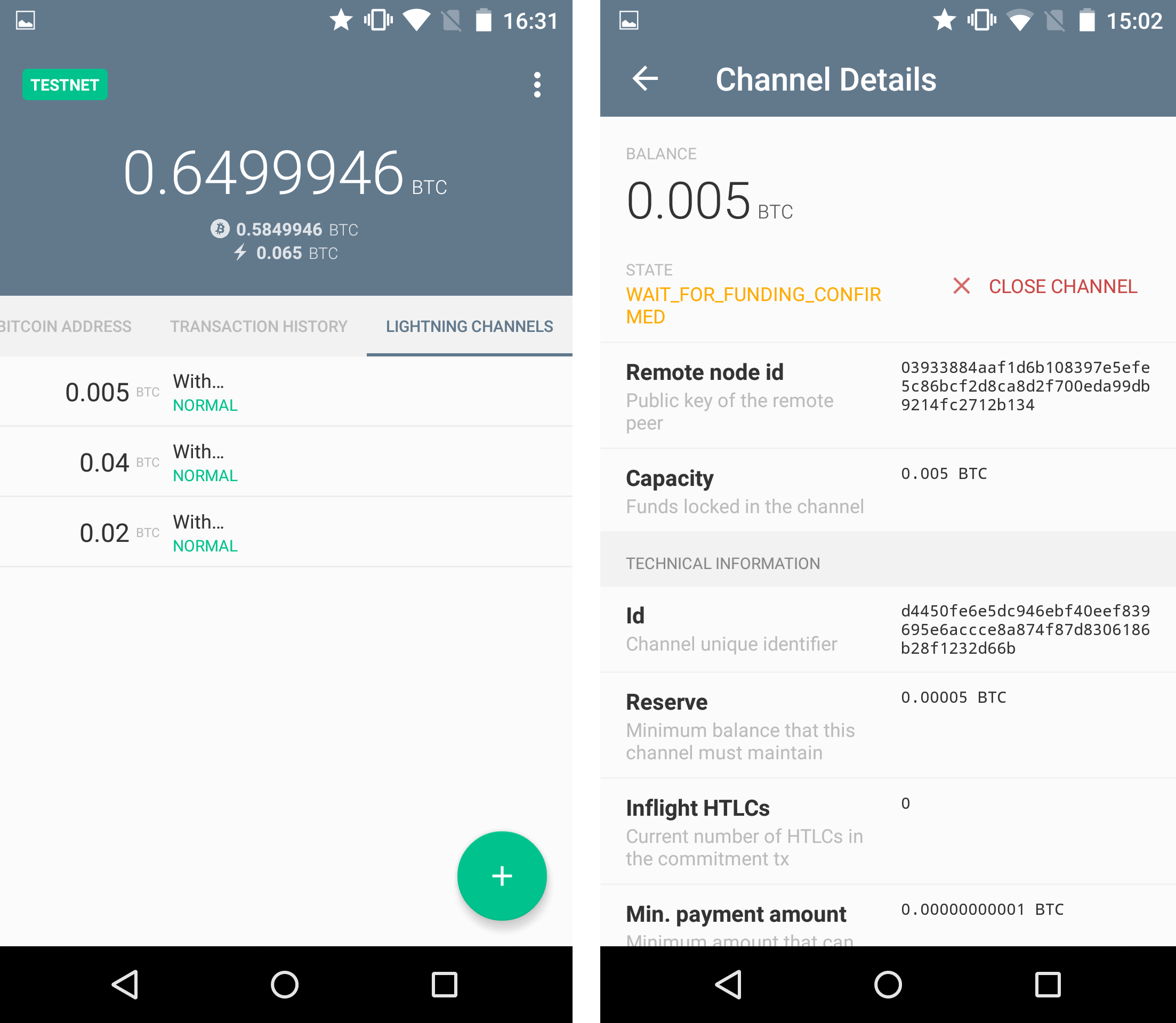 Eclair channels page with open channels and channel info page